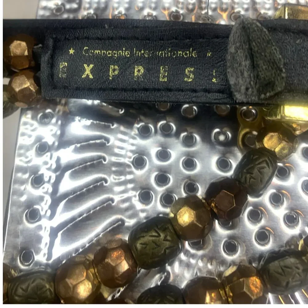 Expres! Womens Beaded Belt Medium Bronze r Brass Buckle Dressy Casual